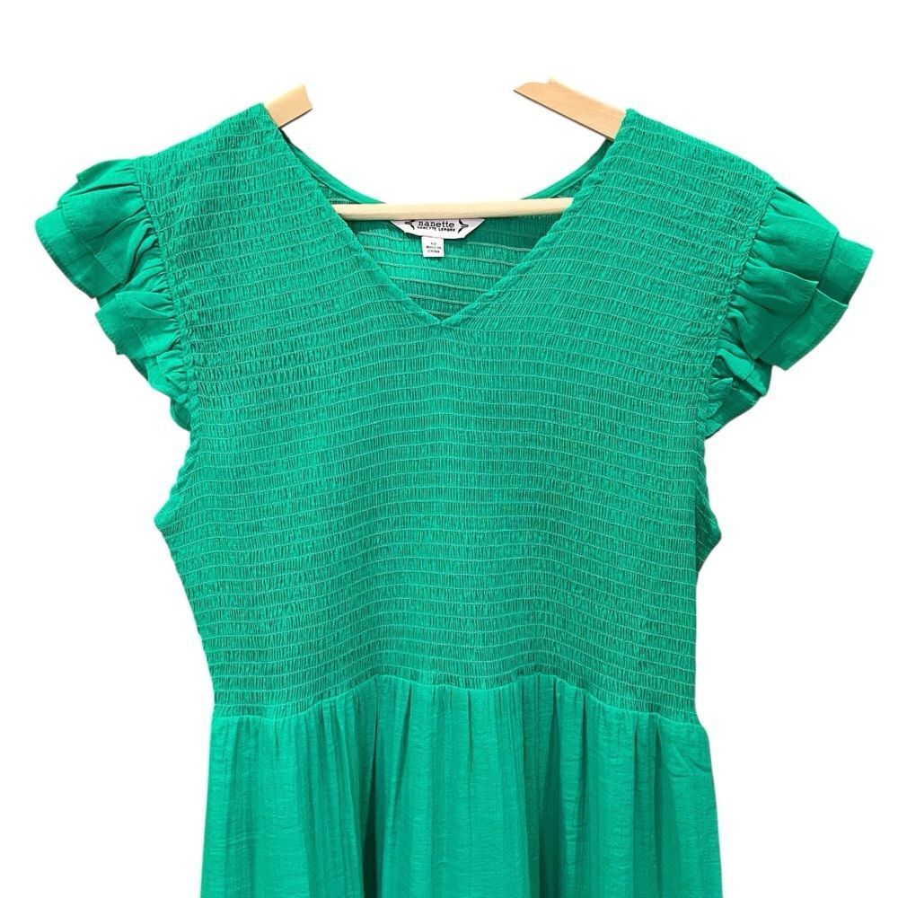Nanette Lepore Smocked Midi Dress Flutter Sleeve Ruffle Hem Green 12 NWT - Picture 13 of 16